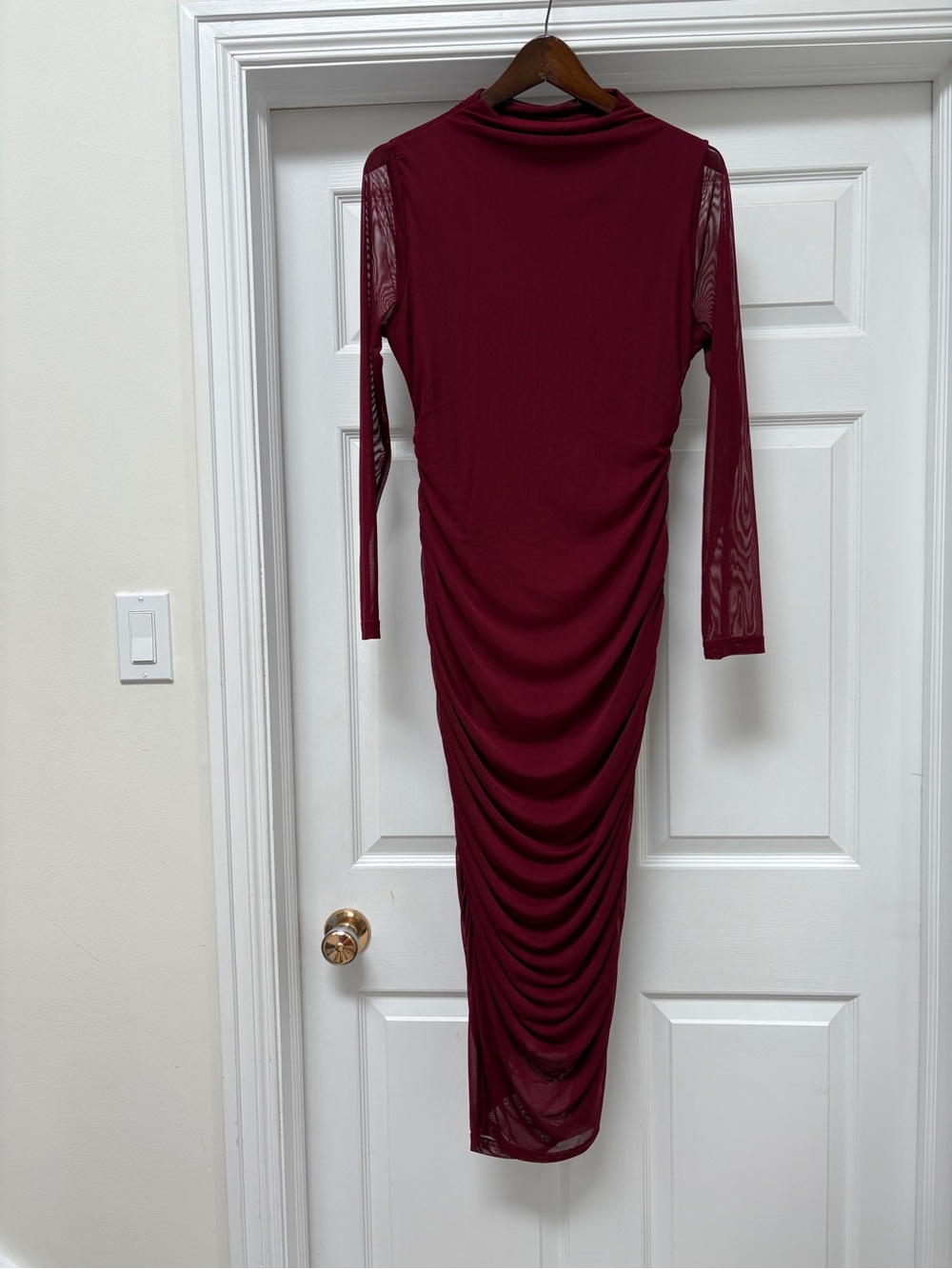 NWOT SHEIN Burgundy Ruched Midi Dress with Mesh Sleeves ladies large